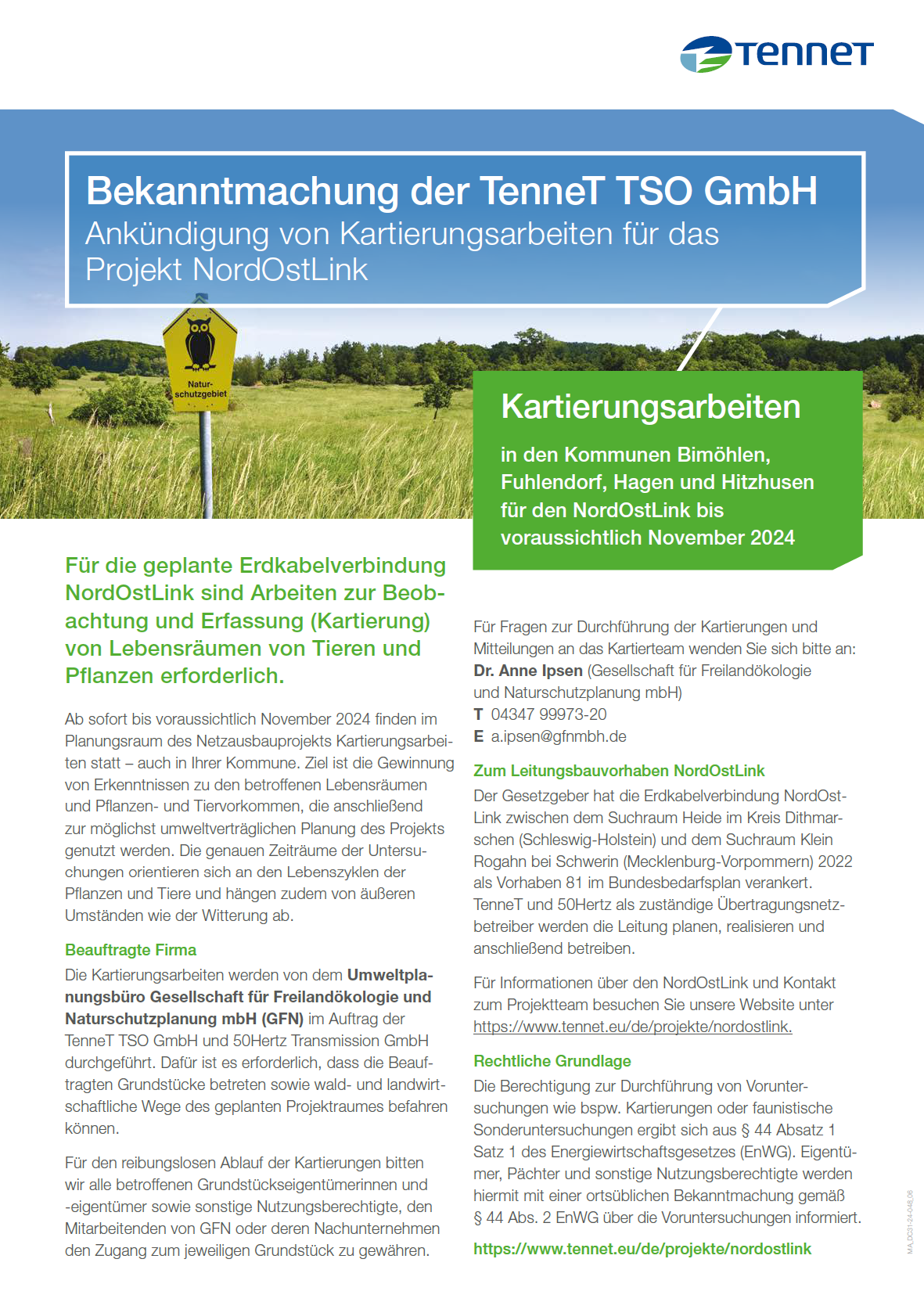 NordOstLink ortsübliche Bekanntmachung Kartierungen April November 2024 Amt Bad Bramstedt Land